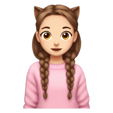 a twitch emote of a cartoon girl with the cutest brown big eyes and brown hair in pigtails with wight cat ears wearing a pink sweater sticker