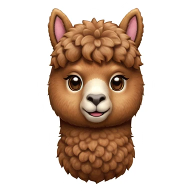 Cinematic Cute Brown Alpaca Portrait Emoji, Head tilted playfully and inquisitively, featuring a plush, rich brown fleece with a natural sheen, round, sparkling warm eyes filled with curiosity, Simplified yet irresistibly adorable features, highly detailed, glowing with a warm, friendly glow, high shine, affectionate and gentle, stylized with a touch of whimsy, bright and endearing, soft glowing outline, capturing the essence of a mischievous yet loving alpaca, so playful it feels like it could prance out of the screen and into your arms! sticker