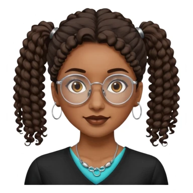 chica morena de ojos claros con gafas negras exagonales redondeadas. y pelo rizado castaño con todo el pelo recogido en una coleta . y un collar de plata . Con todo el pelo recogido un clen look sticker