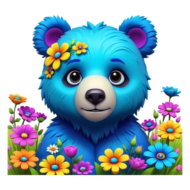 3D, adorable little Pixar style blue neon punk bear in a field of flowers, ultra detailed, each lash, eye, and strand of fur is shown in stunning detail as though captured in a timeless photograph, rich textures, visually rich, so lifelike it feels like it could leap off the page at any moment sticker