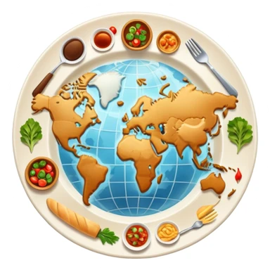 Icon for Culinary Tourism: a world map with food elements like a fork, knife and dish, surrounded by iconic dishes from various countries. The icon should represent the exploration of global cuisines and travel experiences. Transparent background. sticker