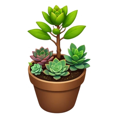 Close-up of a potted sapling in rich soil surrounded by vibrant plants and succulents. Bright sunlight filters through the window, casting soft shadows. Nearby gardening tools rest on a wooden table. Cozy indoor atmosphere with greenery and flowers. sticker