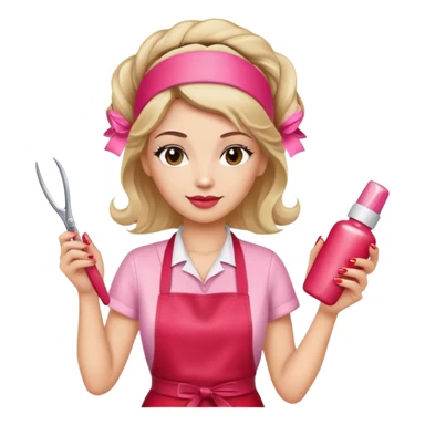 Female hairdresser with headband, wearing red apron, holding pink nail polish bottle and scissors, beauty salon employee sticker