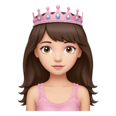 long haired brunette with curtain bangs cute pink lacy tank with a pink tiara on head, white but with a little bit of tan sticker