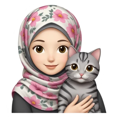 Asian White girl wearing flower-pattern hijab holding a black grey tabby cat while smiling sticker