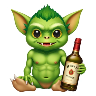 A gremlin holding a Hennessy bottle sticker