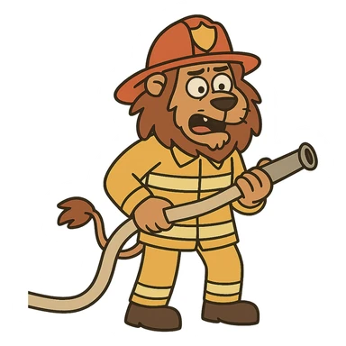 lion fireman holding a hose, cartoon style sticker