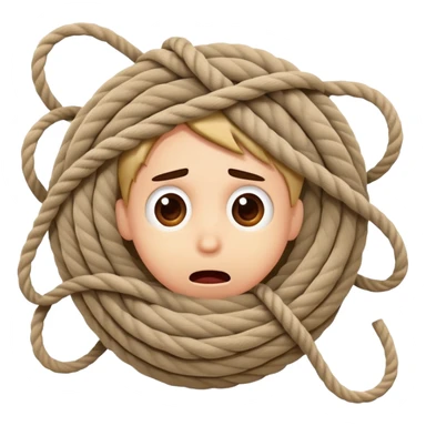 A cartoon person comically tangled and wrapped in rope with a silly surprised expression, looking confused sticker