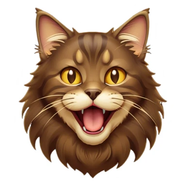 Cinematic Cute Dark Brown Maine Coon Cat Portrait Emoji, Head tilted playfully and yawning, sleek deep brown and gold tones with subtle hints of black, Simplified yet adorable features, highly detailed, glowing with a warm, friendly glow, high shine, curious and affectionate, stylized with a touch of whimsy, bright and alert, soft glowing outline, capturing the essence of a mischievous yet loving kitten, so endearing it feels like it could leap out of the screen and stretch with its fluffy tail swishing! sticker
