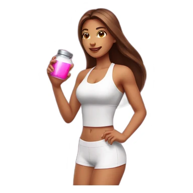 fitness girl with straight long brown hair, wearing a white strappy tops and holding a pink magic potion sticker