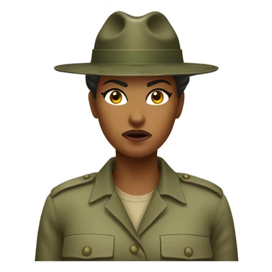 a female drill sergeant showing full torso wearing a classic sergeant hat and a camouflage army shirt. The character should have an angry intense expression.  sticker