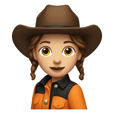 jumping brunette cow girl tan skin skin, orange burnt coat, black hat sticker