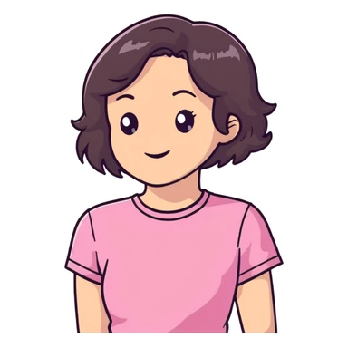 young brunette woman with short wavy hair to shoulders, wearing a pink t-shirt sticker