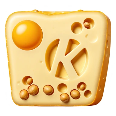 Ethereal glowing vitamin K2 symbol surrounded by aged cheese, golden egg yolk, and natto. A single bone floats nearby with a golden dot where calcium is being properly deposited, showing how K2 guides calcium to strengthen bones. sticker