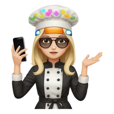 ["A sad woman with light skin, straight hair, wearing a chef hat and sunglasses, dressed in K-pop fashion, is dancing while holding a phone."] sticker