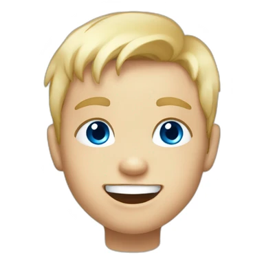 A baby boy with blonde hair, blue eyes and a blue t-shirt and with cute little teeth sticker