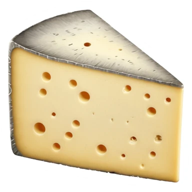 wedge of Tomme de Savoie cheese, firm pale yellow interior, thick rustic grey-brown rind, slightly mottled with natural mold, dense slightly grainy texture, clean cut, earthy appearance, soft lighting, subtle shadows, emoji scale sticker
