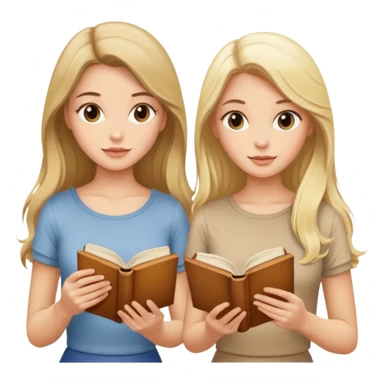 two beautiful girls in beige tops reading a beautiful vintage book. one brunette, the other blonde. both with long hair with and beige T-shirt  sticker