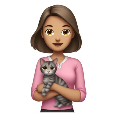 Brunette girl with straight hair in a pink blouse, holding a gray, striped, brown-eyed cat with a bow in her arms sticker