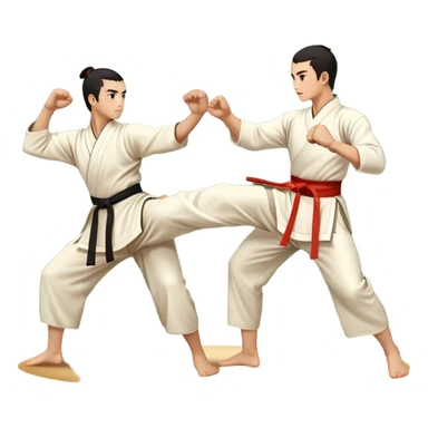 Two martial artists in traditional Wushu attire, performing elegant, fluid moves. One executes a high spinning kick while the other strikes with a precise fist. The background shows a peaceful, scenic landscape with mountains and bamboo trees, symbolizing the balance of power and grace in Wushu.  sticker