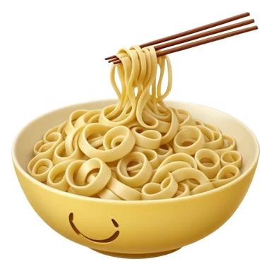 loose tangle of pale yellow cooked noodles with soft glossy texture and natural curves, strands slightly twisted and overlapping, freshly prepared dish, no bowl chopsticks or sauce, apple emoji style, soft lighting, subtle shadows, emoji scale sticker
