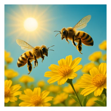 Two bees flying over yellow flowers with a sun in the background, vibrant yellow flowers and bright sun, black and yellow bees, variation 1 sticker