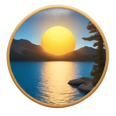 Naturalistic sun rising over a blue lake in the style of an Ansel Adams photo sticker