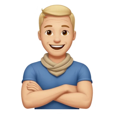 Guy laughing with arms crossed around on neck sticker