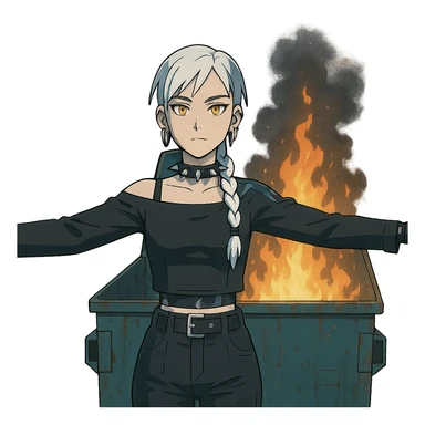 young woman with gold yellow eyes, white hair, long braid, black off-shoulder top, punk gothic style, futuristic cyberwave cyberpunk,, she is calmly t-posing , there is a dumpster fire in front of her sticker