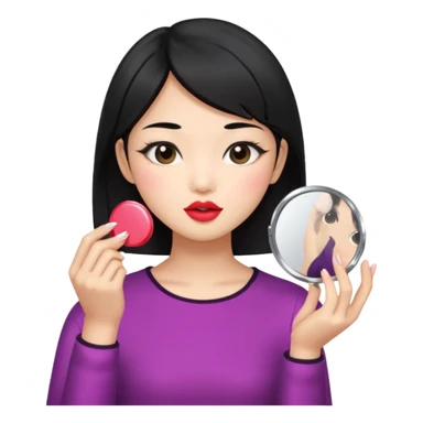 black haired asian girl putting on lipgloss while holding a compact mirror sticker