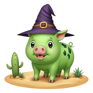 Green pig in the desert wearing a witches hat  sticker