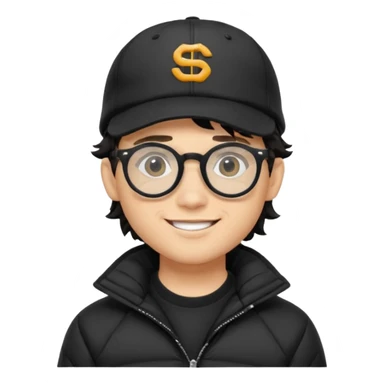 Young man wearing a black puffer jacket, black baseball cap, round black glasses, wavy hair peeking out from under the cap, smiling
 sticker