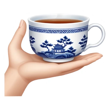 hand holding a traditional Chinese blue and white porcelain tea cup without handle sticker