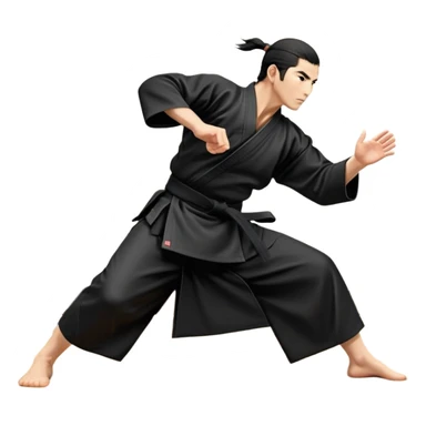 An icon depicting an aikido fighter in a black gi, executing a graceful throw in a martial arts dojo. The background features traditional wooden floors, tatami mats, and a serene atmosphere with soft lighting. The focus is on the fighter's precise technique and fluid movement. Transparent background sticker