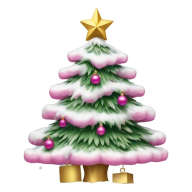 a snowy christmas tree with pink ornaments and a gold star and the top sticker