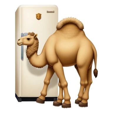 A white kitchen refrigerator with camel head poking out from an open door and furry camel legs wearing classic wheat-colored Timberland boots sticker