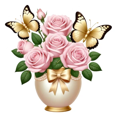 Realistic aesthetic bouquet of roses. Three white and three light pink in a pearl vase and a beige bow with gold decoration and a butterfly with gold and beige wings sticker
