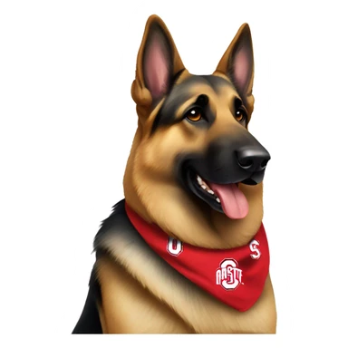 German Shepherd wearing an Ohio state bandana sticker