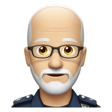 Bald Caucasian man with light gray beard in police uniform with a glasses sticker