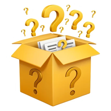  box printed with q&a over stuffed with yellow question marks sticker