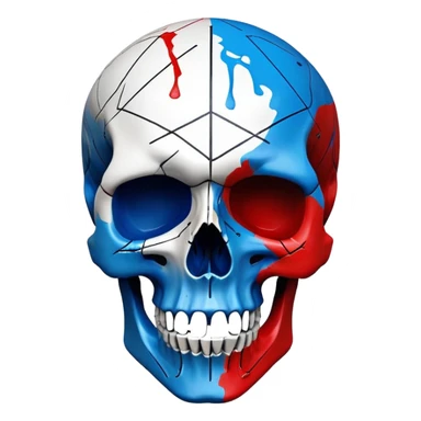 premium black skull with geometric brand patterns, striking electric blue and red paint splashes only within skull contours, perfect detailed fine art quality, three-quarter view sticker