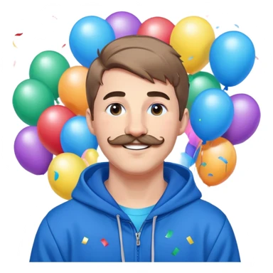 Mr. Beast wearing a blue hoodie, ferret mustache, small light beard, big friendly smile, standing in front of a colorful, fun background with confetti and balloons sticker