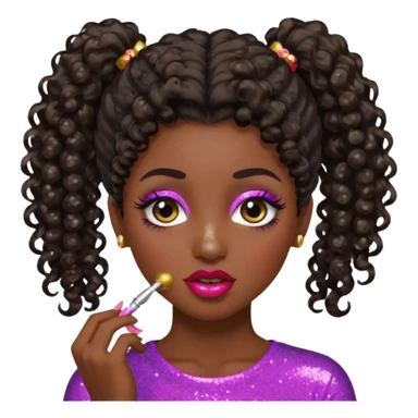 emoji sucking its lips in with one eyebrow up and the other one down dark skin and curly hair in one ponytail with eyelashes up to her hair sticker