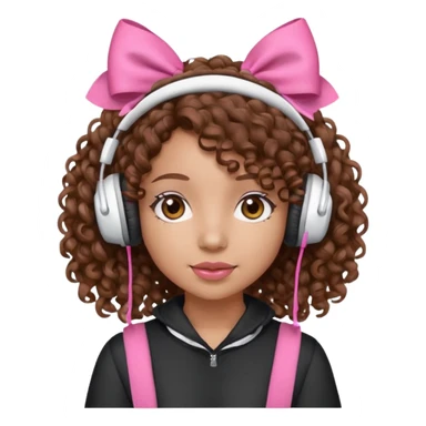 Light skin girl, brown curly hair with pink bows to the top,  white headphones on listening to music emoji. White background, square ratio. sticker