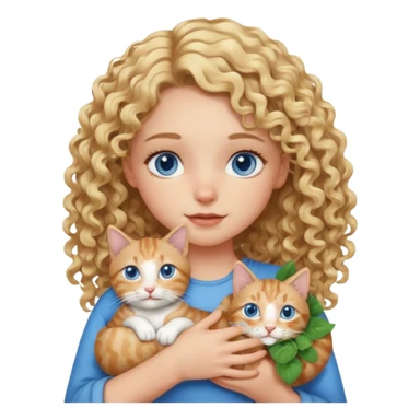 Blonde girl with curls and blue eyes holding a tabby cat that has one white patch on his eye that connects to his stomach sticker