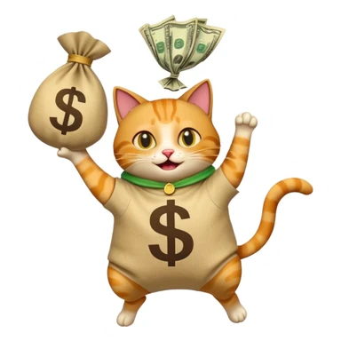 excited cat jumping into a classic money bag with a dollar sign, modern look, emoji style sticker