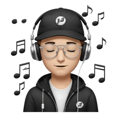 dj man white with baseball cap - rayban glasses - brown hair - closed eyes with headphones on with musical note over head (listening to music ) - eyes closed no glasses - black hat  musical notes floating around head sticker