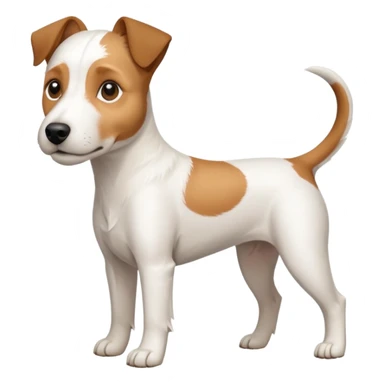 a full body white parson russell looking dog the size of a kelpie with light brown ears and a light brown patch on one eye and a large snout sticker