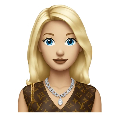 a full standing blonde female with blue eyes wearing a diamond chain with a pendant saying bonnie with louis Vuitton clothing  sticker