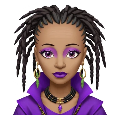 57 years young,  Black queen with a  dreads mohawk hairstyle, purple lipstick,  purple eyeshadow,  droopy looking  eyes, bamboo triangle earrings with the name Draya personalized on them.  sticker